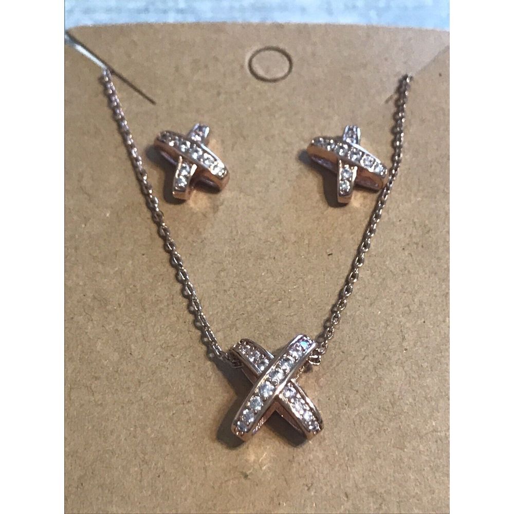 Rose Gold‎ Plated 925 Silver X Pendant Necklace and Earring Set NWOT